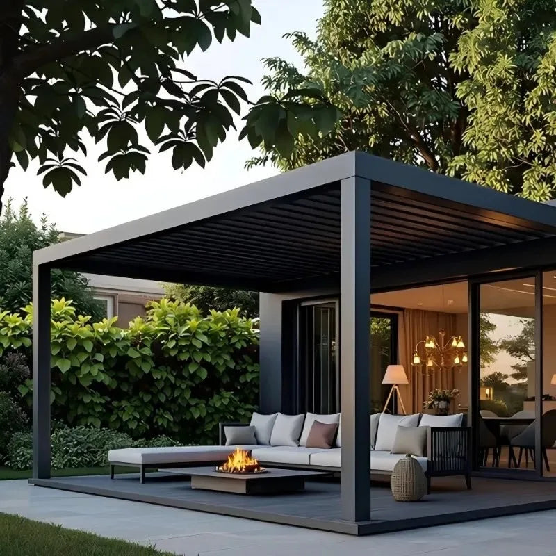 Custom aluminum pergola outdoor cover in a stylish outdoor living space with modern furniture and greenery.