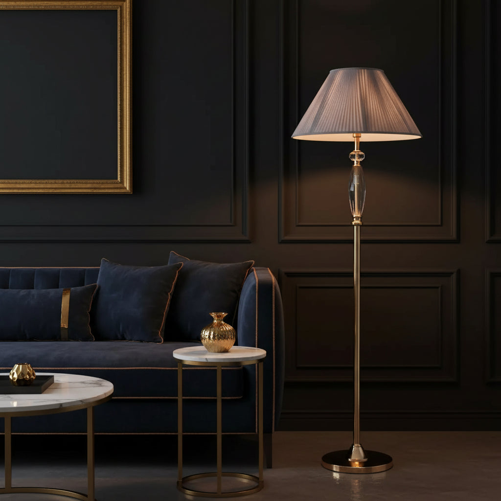 high-end crystal table lamp with fabric shade illuminating a stylish living room.