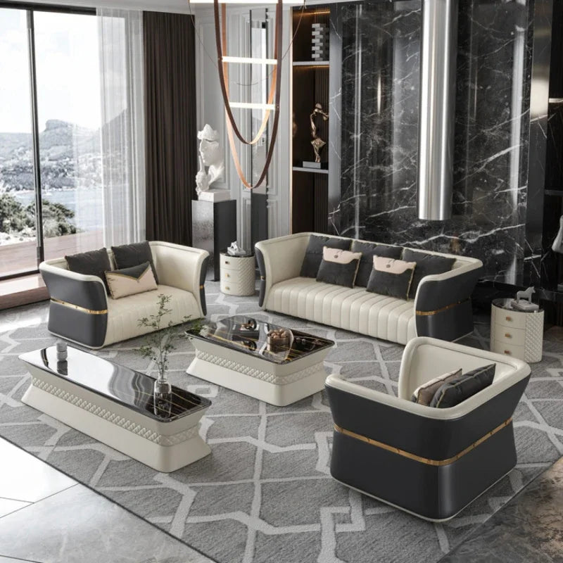 Luxury cowhide leather sofa set in a stylish modern living room with elegant decor and scenic views.