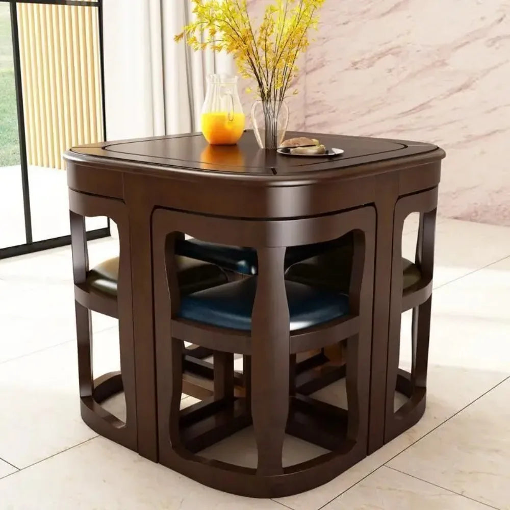 Solid Rubberwood Dining Table Set with Hidden Induction Cooker, oval design, featuring 4 and 6-chair options, dining set with induction cooker.