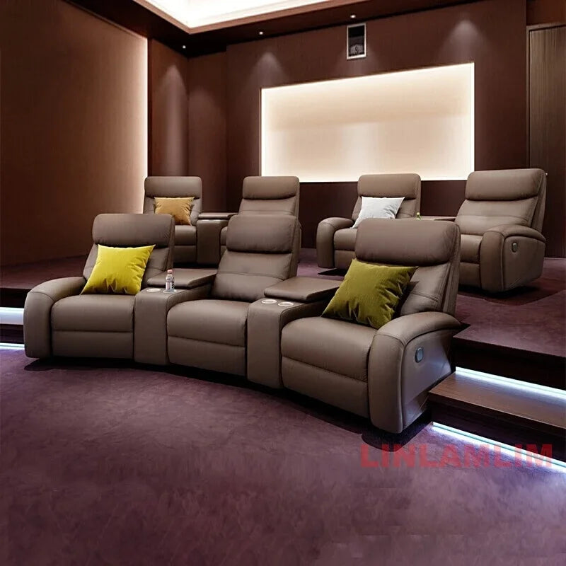 Modern Luxury Home Theater Recliner Sofa, Genuine Leather 3+2 Seating