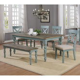 Dining room set with wooden table, chairs, and bench in a home setting.