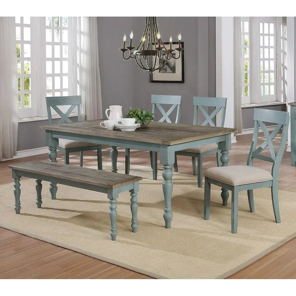6-Piece farmhouse dining set antique blue with distressed walnut table, chairs, and bench in bright dining room.