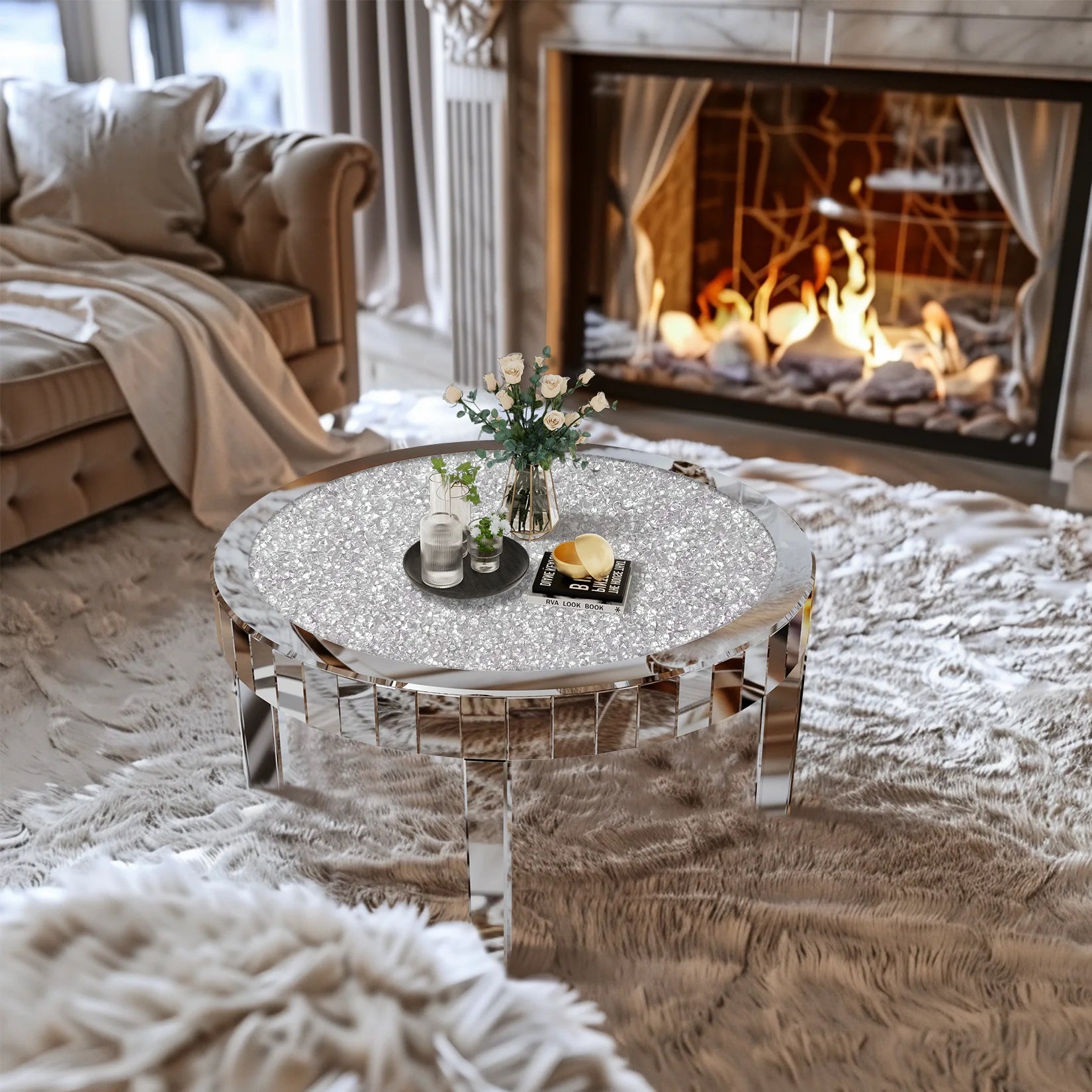 Crystal Inlay Mirrored Round Coffee Table | Silver Luxury - view 1