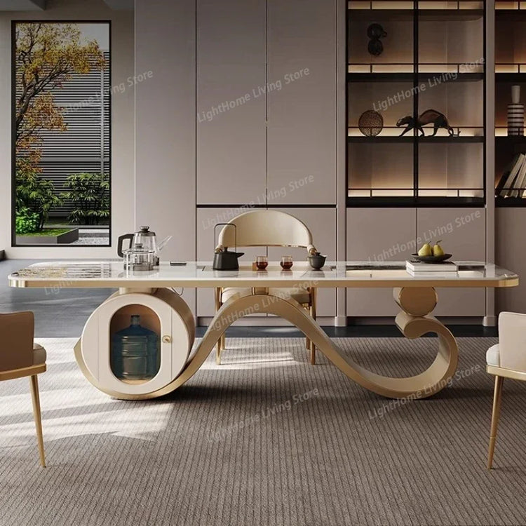 Modern office desk with unique design in a room with shelves and decor.