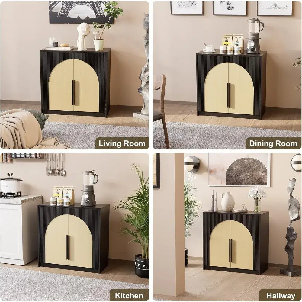 Multifunctional cabinet in living room, dining room, kitchen, and hallway settings.