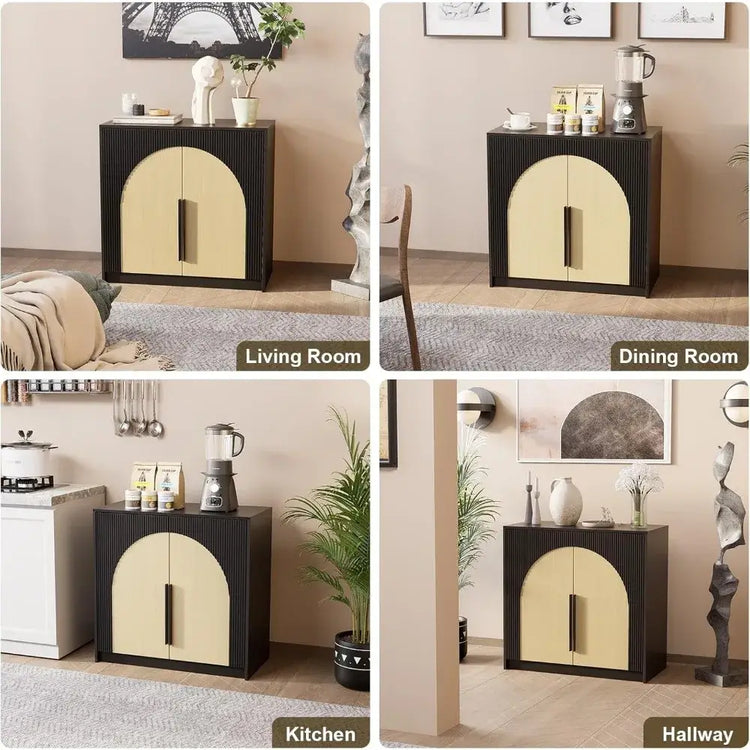 Multifunctional cabinet in living room, dining room, kitchen, and hallway settings.