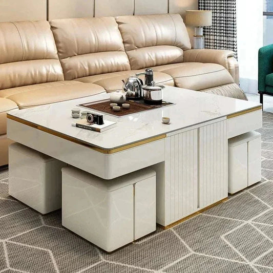 Clear Nordic Adjustable Coffee Table in white with adjustable height and modern design in stylish living room setting