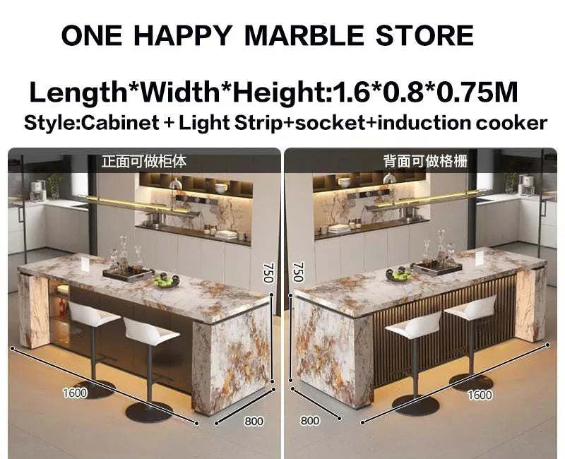 Marble kitchen island with dimensions and product details displayed.