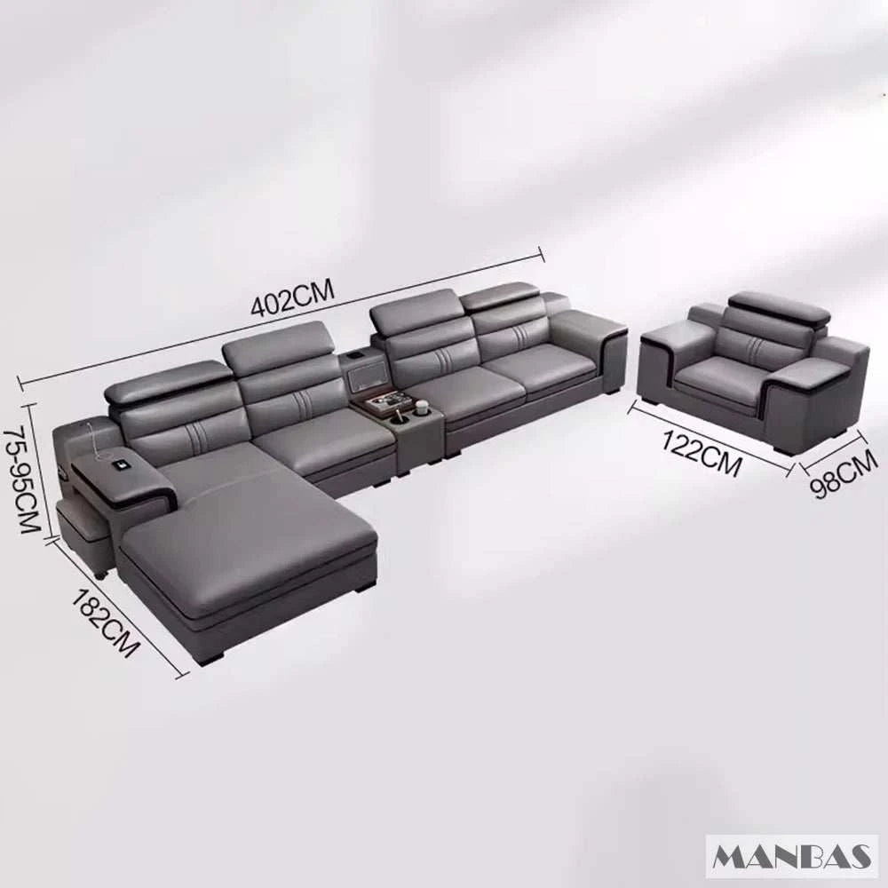 Gray sectional sofa with dimensions on a white background, featuring the MANBAS brand.