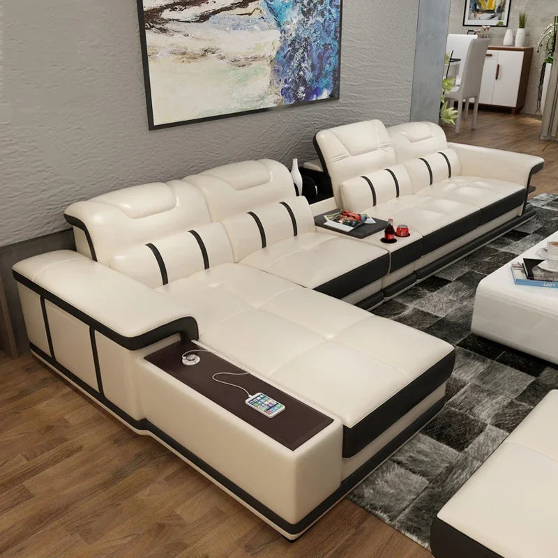 A Nordic Leather Sofa Combination Of Simple Modern Solid Wood Living Room Corner Sofa Multi-functional Storage Sofa Bed - view 3