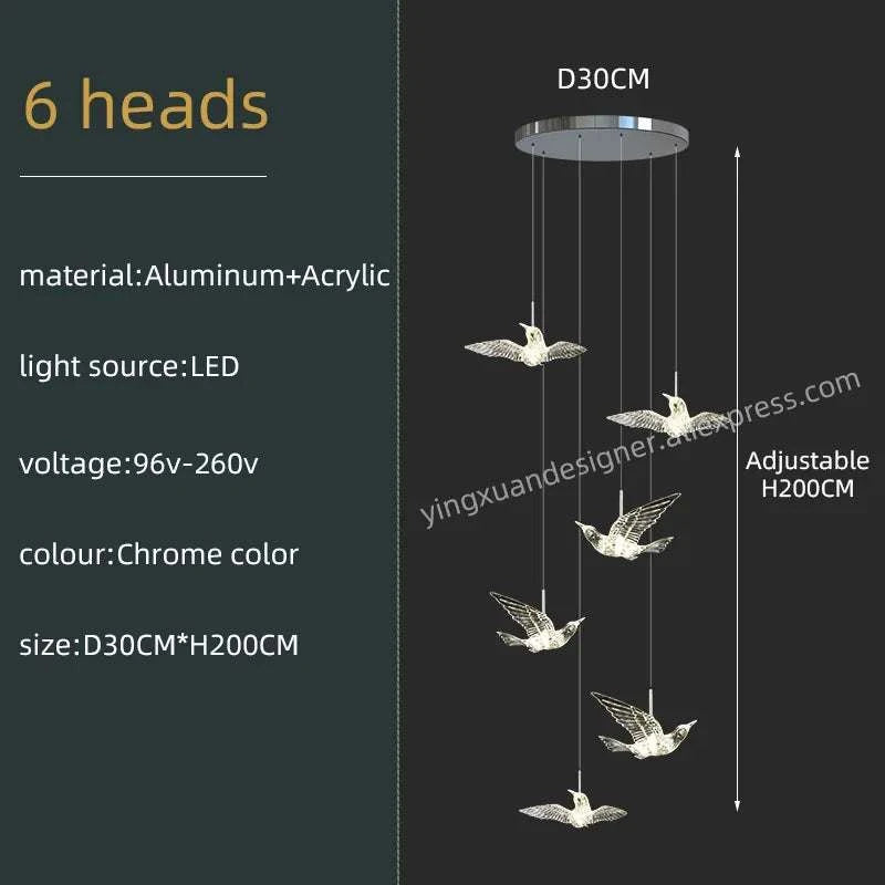 Chandelier with six bird-shaped lights on a dark background, featuring product details.