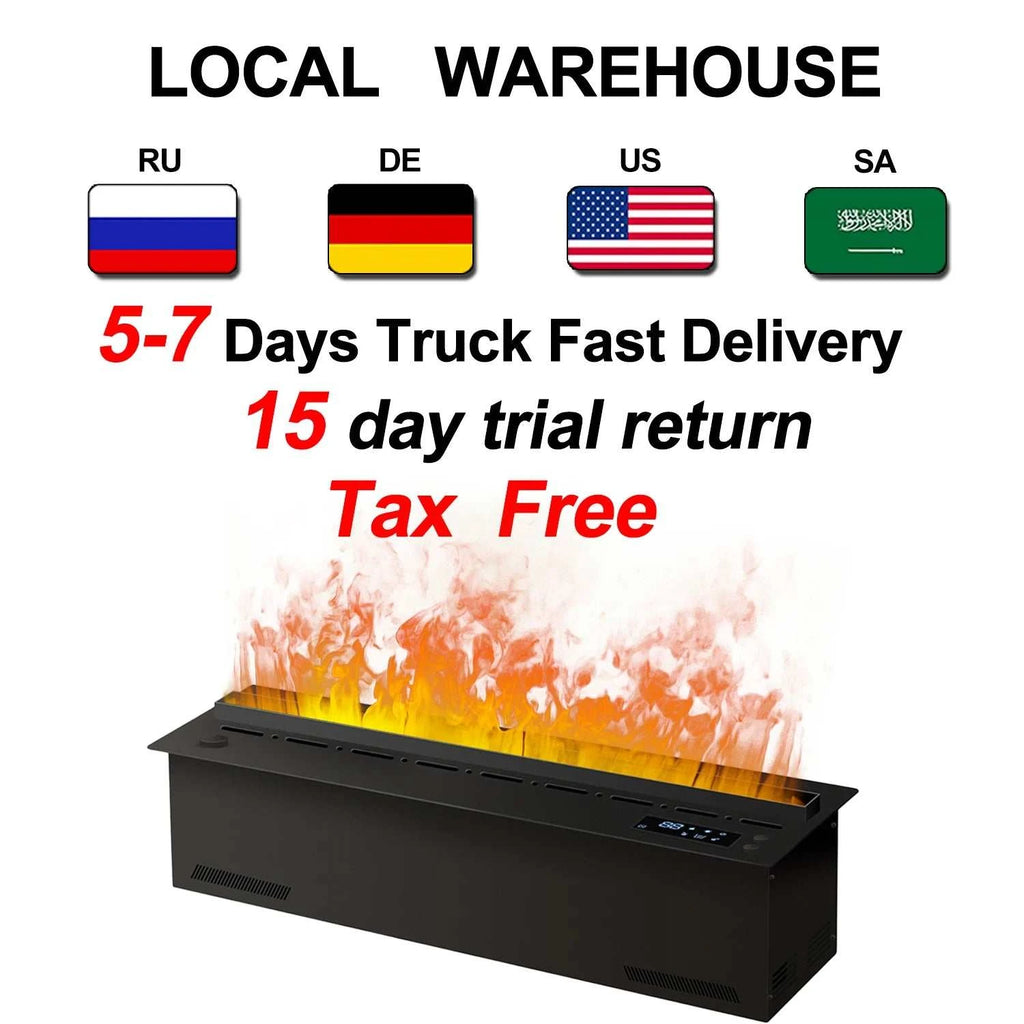 Portable fireplace with flames on a white background, featuring text about delivery and return policies.