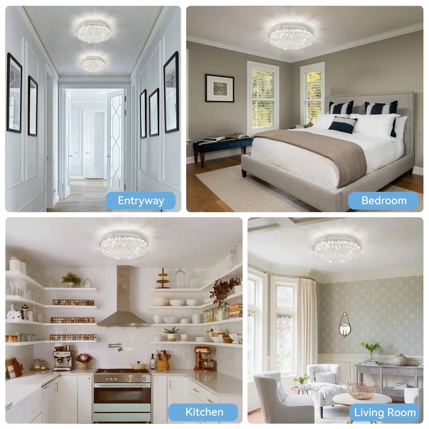 Collage of a home interior with labeled entryway, bedroom, kitchen, and living room.