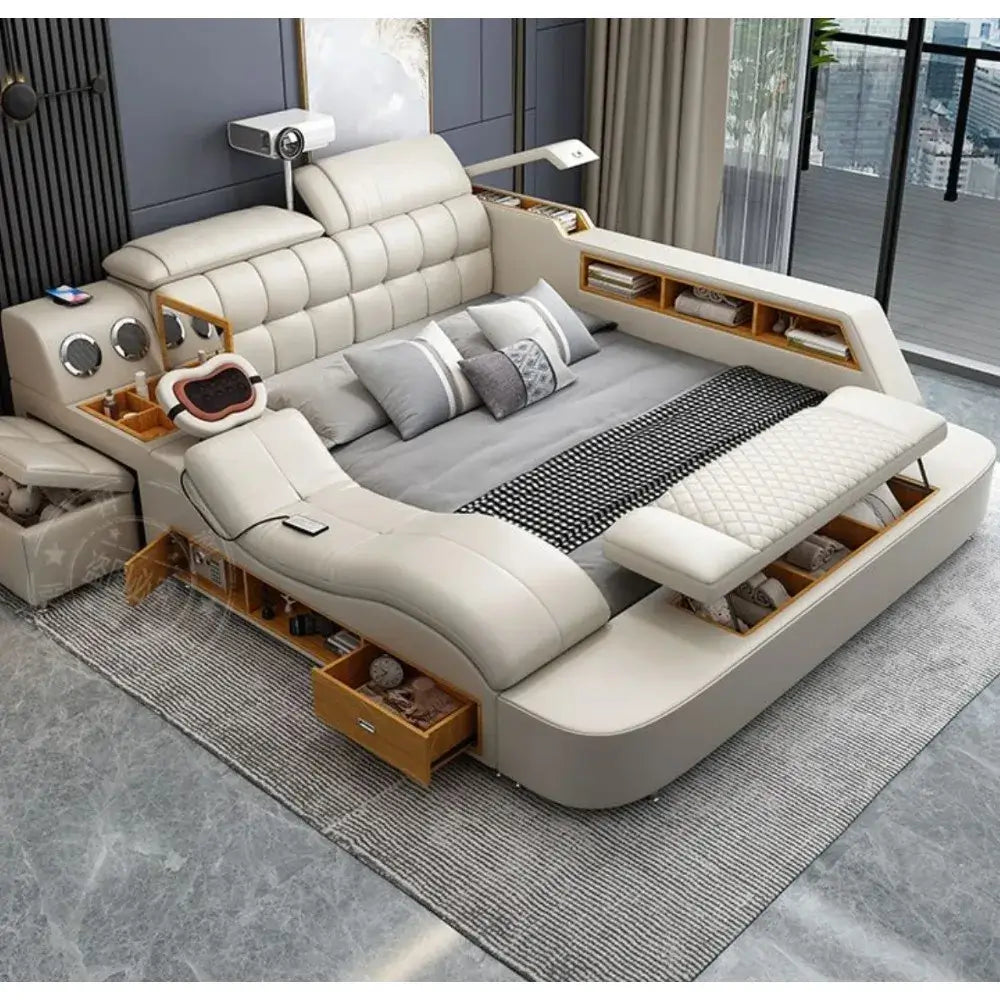 Smart Massage Storage Bed Multifunction Leather Bed Frame King Size Smart Bed With Projector Bluetooth Modern Bedroom Furniture