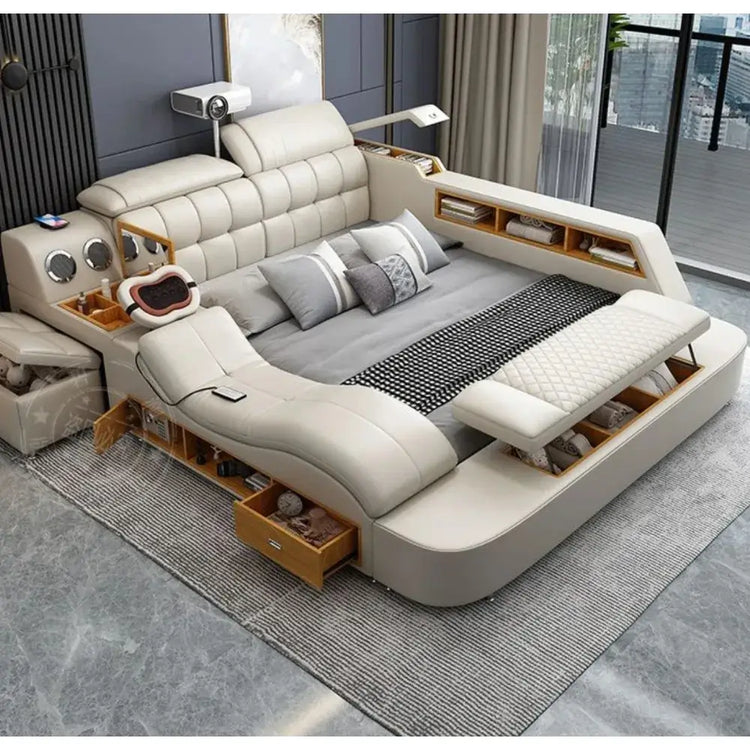 Smart Massage Storage Bed Multifunction Leather Bed Frame King Size Smart Bed With Projector Bluetooth Modern Bedroom Furniture