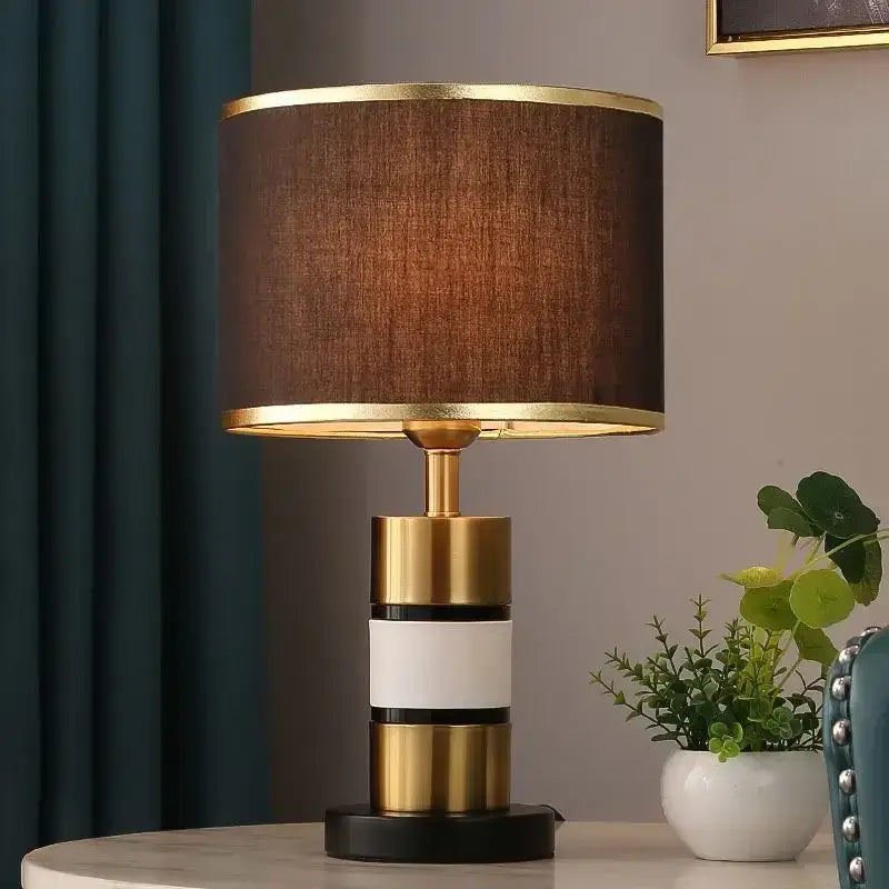 Luxury LED bedside lamp featuring a modern design with a gold frame and fabric shade, perfect for bedroom decor.