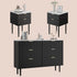 Black dresser with marble top and two matching nightstands on a beige background