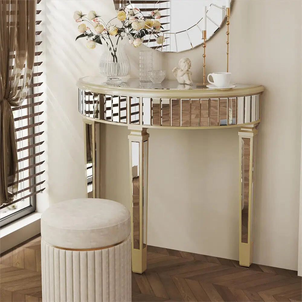 LUVODI Half-Round Mirrored Glass Curved Entryway & Living Room Accent Desk
