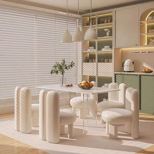 Art-Style Rock Slab Dining Table Set in a modern kitchen with white chairs and elegant decor.