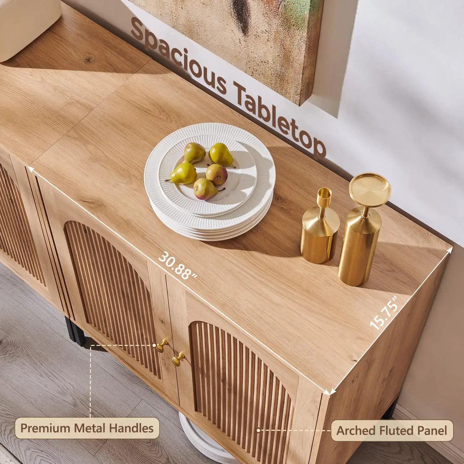 Modern buffet cabinet with storage featuring spacious tabletop, arched fluted panel, and premium metal handles.