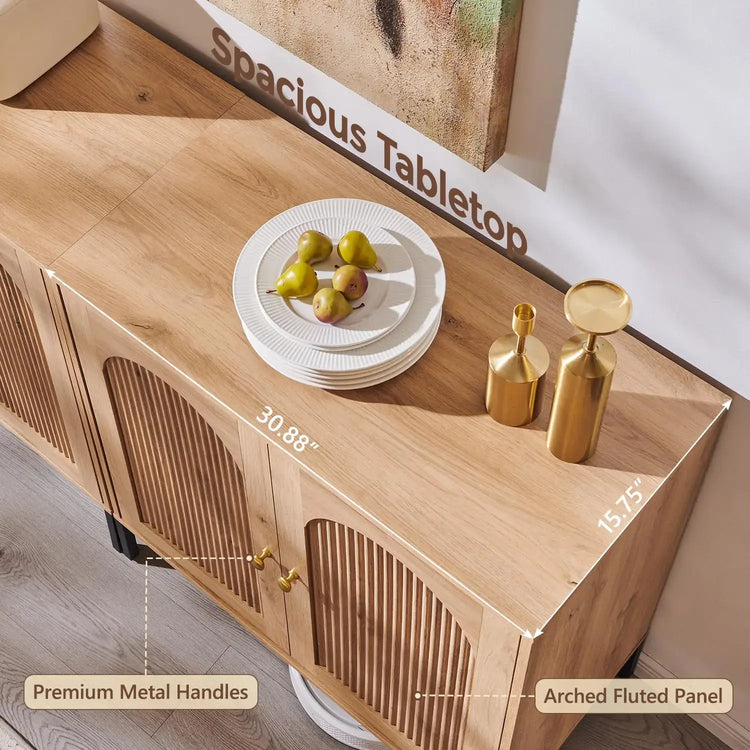 Modern buffet cabinet with storage featuring spacious tabletop, arched fluted panel, and premium metal handles.