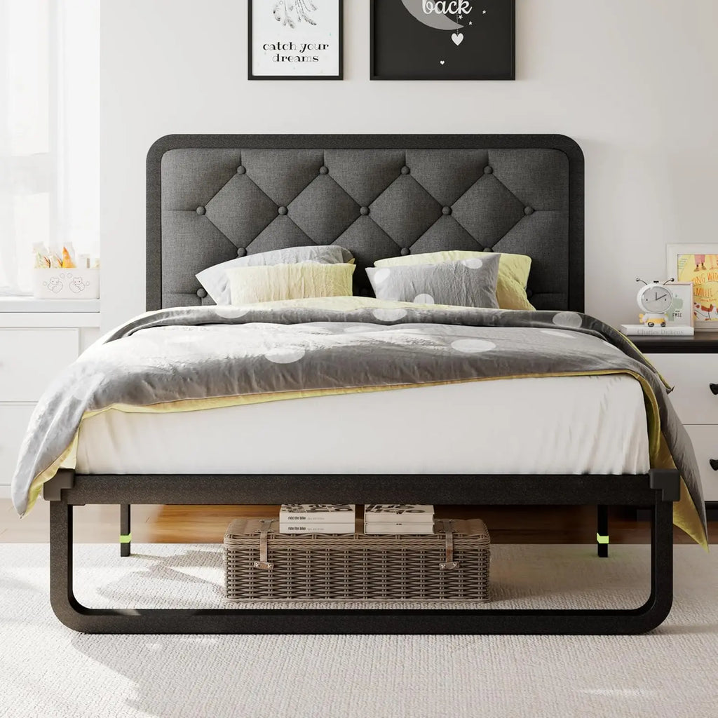 Curved Metal Platform Bed Frame with Linen Upholstered Headboard – 12" Under-Bed Storage, No Box Spring Needed