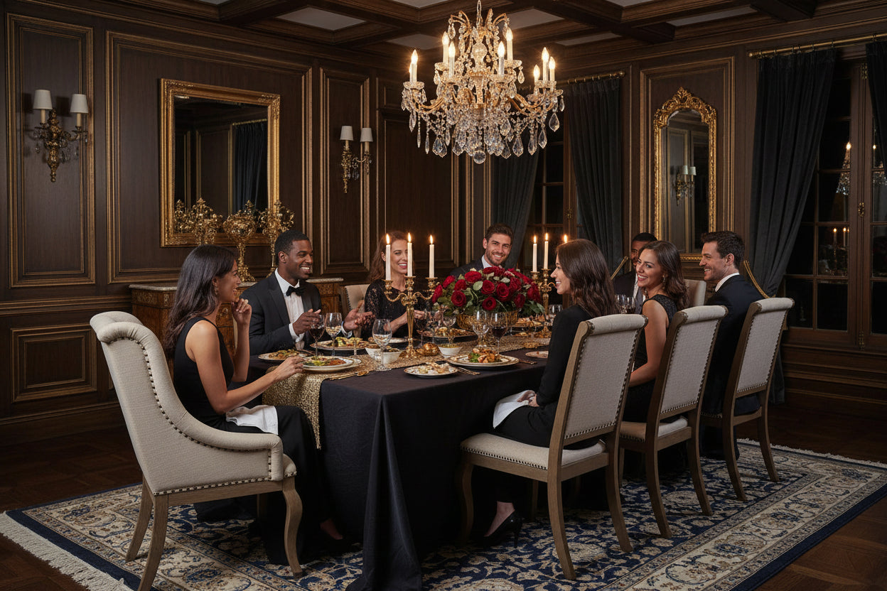 Dining set with 8 people dining in an elegantly decorated room with chandelier