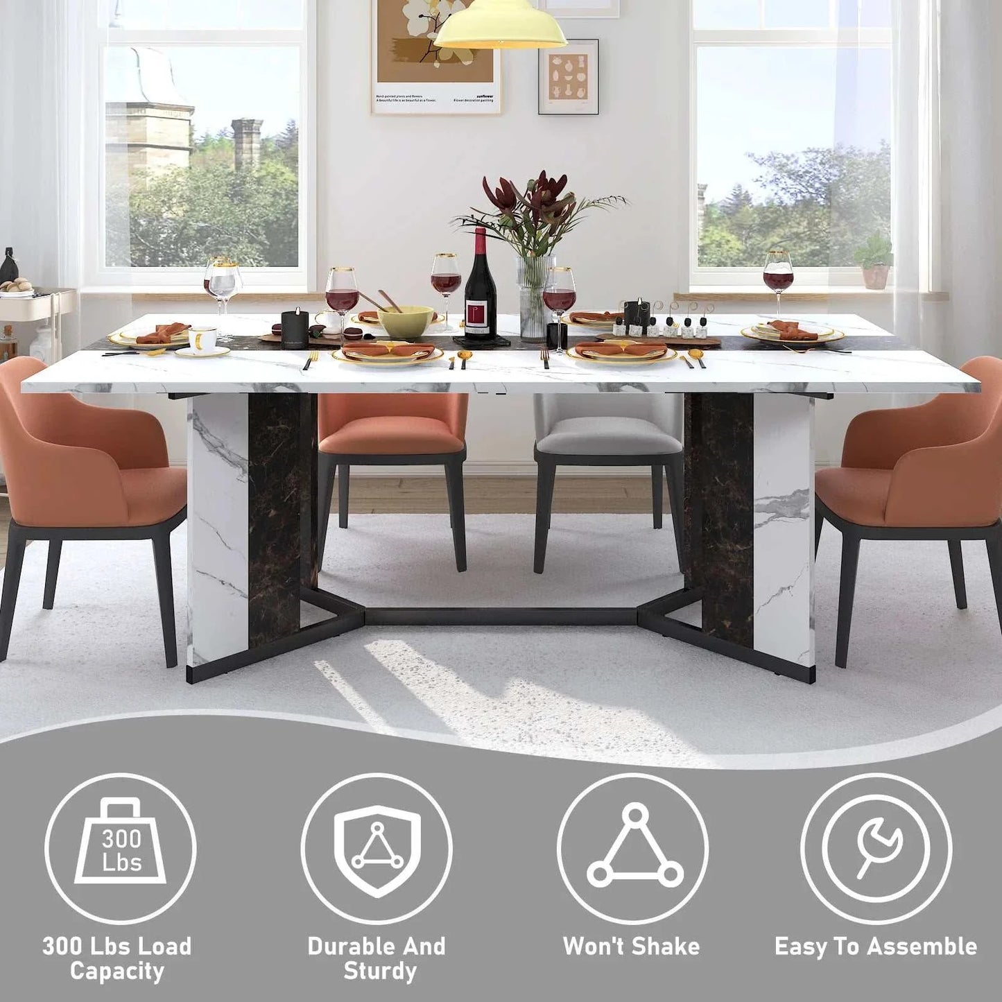 71-Inch large rectangular white dining table with marble color tabletop and sturdy metal legs in a modern dining room setting