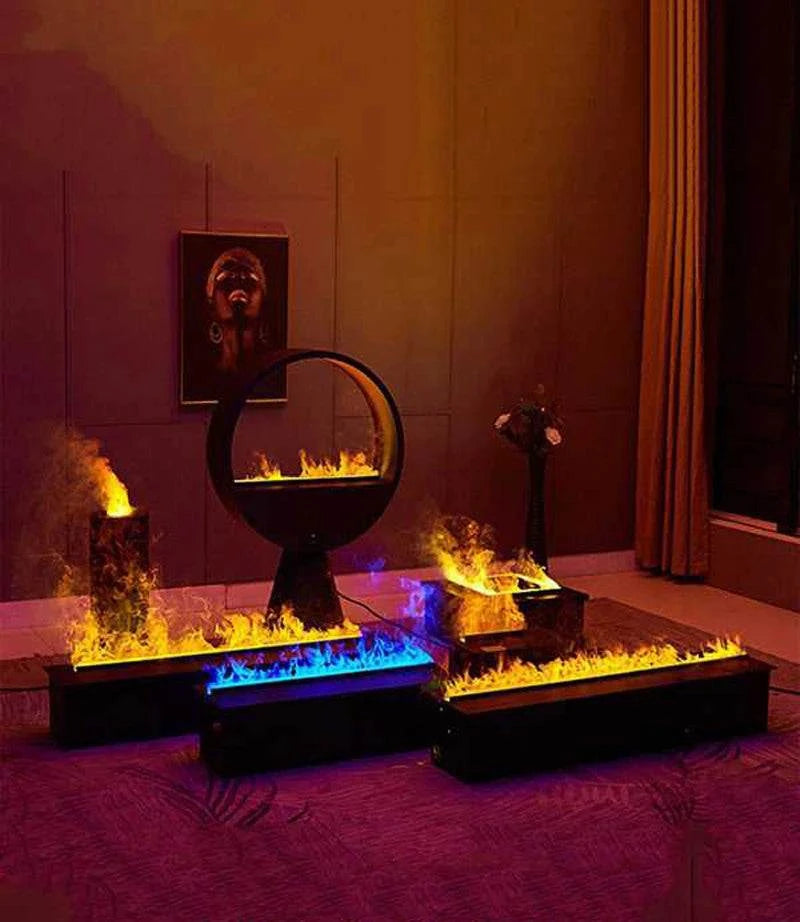 Modern electric fireplaces with glowing flames in a dimly lit room.