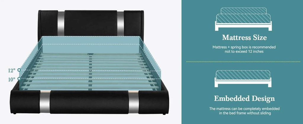 Bed frame with mattress inset and text about mattress size and embedded design.