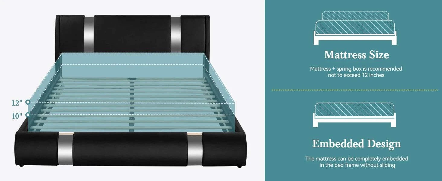 Bed frame with mattress inset and text about mattress size and embedded design.