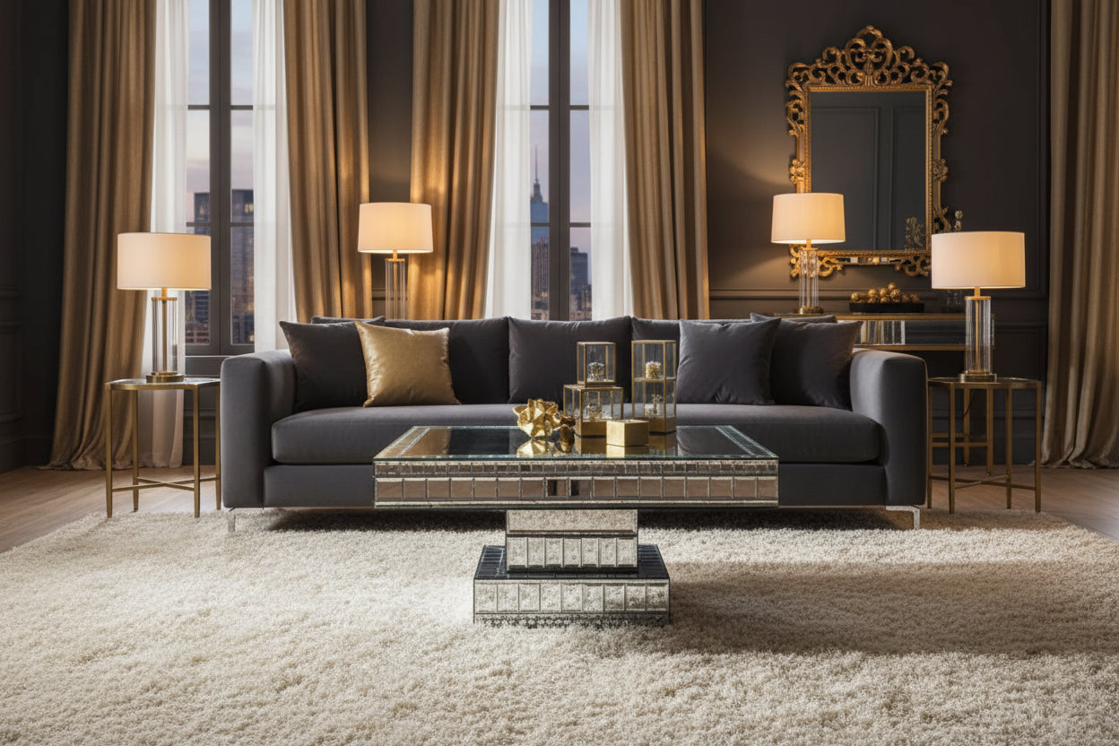 A square mirrored pedestal table with a clear glass top and mirrored glass sides, set in a luxurious living room setting, accessorized with decorative gold embellishments