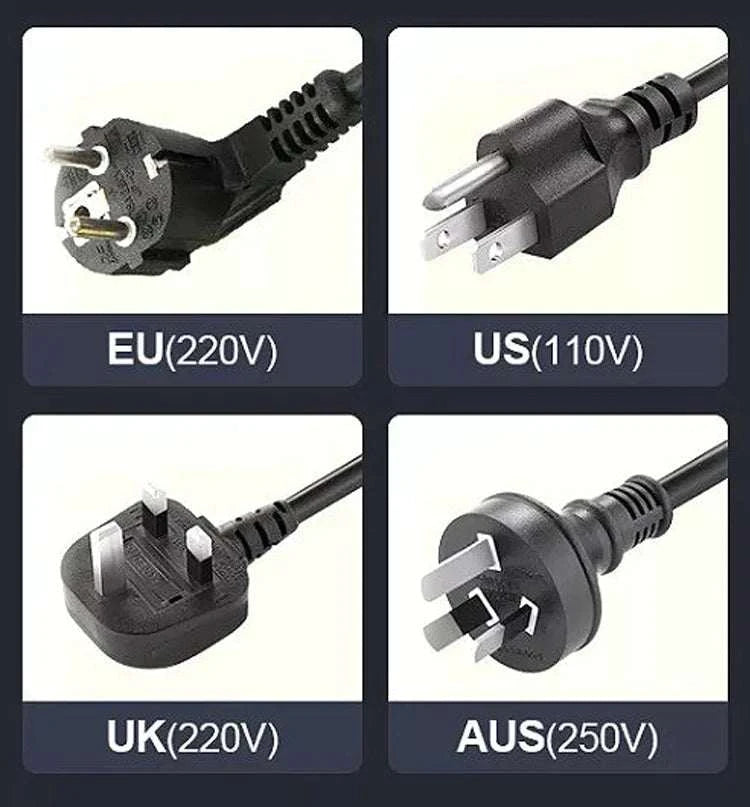 Four different power plugs for EU, US, UK, and Aus voltages.