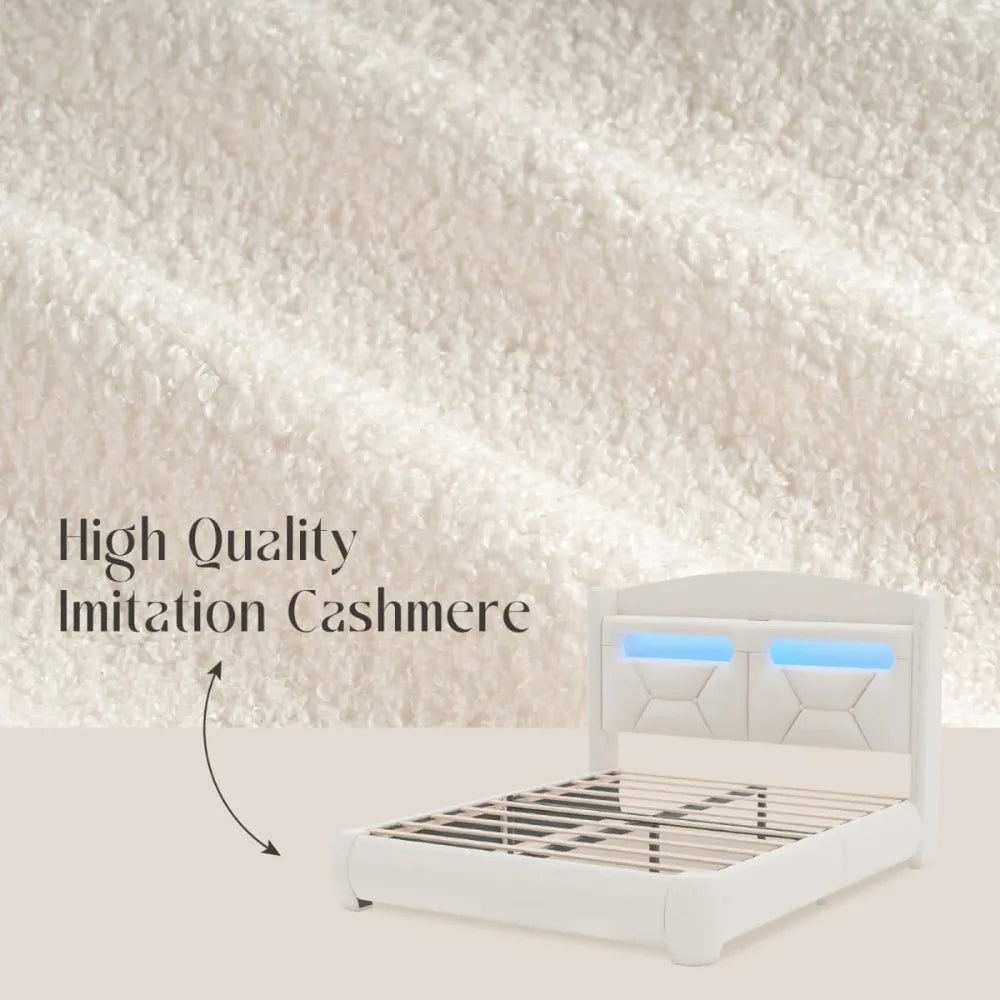 Boucle Bed Frame with Storage Headboard & LED Lighting, Upholstered Modern Platform Bed