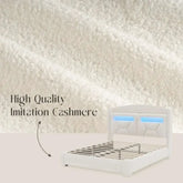 Boucle bed frame with storage and LED lighting, upholstered in high quality imitation cashmere.