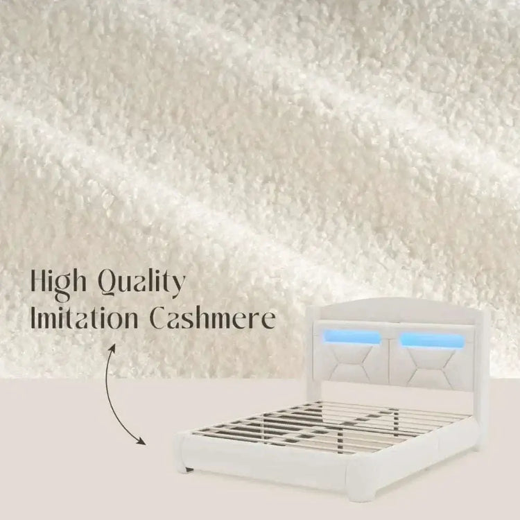Boucle bed frame with storage and LED lighting, upholstered in high quality imitation cashmere.