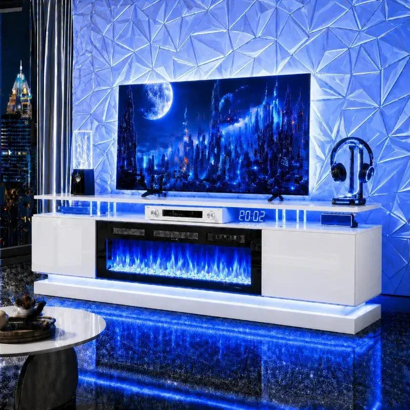 Modern fireplace TV stand featuring a sleek design with blue LED accents and an electric fireplace for contemporary spaces.
