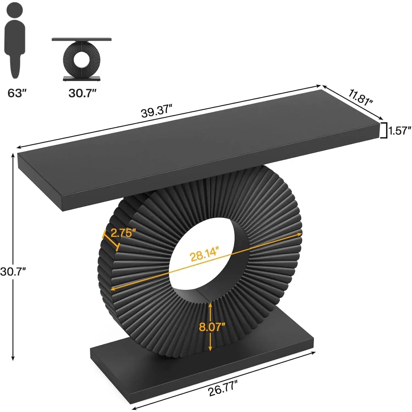 40" modern geometric console table dimensions illustration showcasing unique design and sleek black finish.