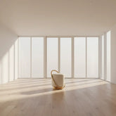 Bright, minimalist interior featuring a stylish nordic modern dressing table set with ample natural light.