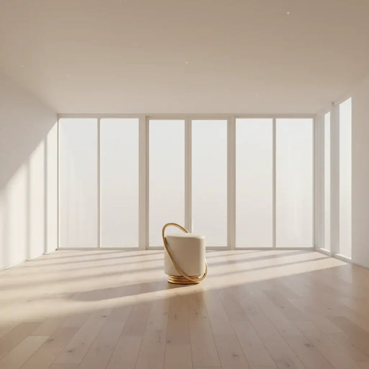 Bright, minimalist interior featuring a stylish nordic modern dressing table set with ample natural light.