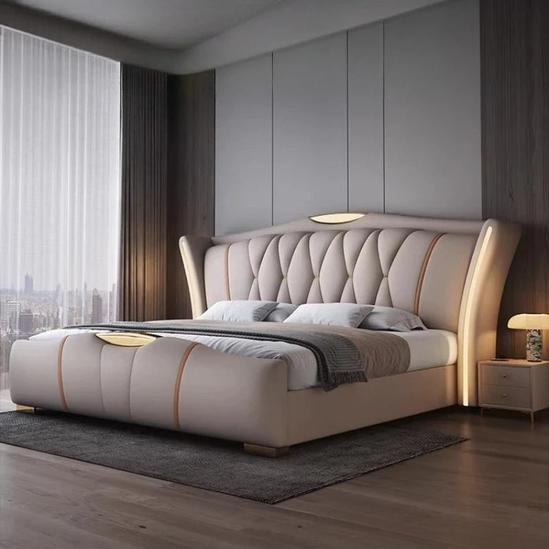 Luxury leather bed frame 3 sizes in modern bedroom with elegant upholstery and nightstand.