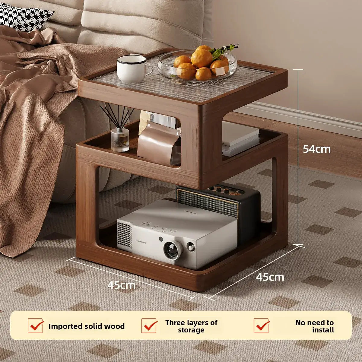 Wooden side table with a projector and decorative items in a living room setting, with dimensions and features highlighted.