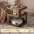 Wooden side table with a projector and decorative items in a living room setting, with dimensions and features highlighted.