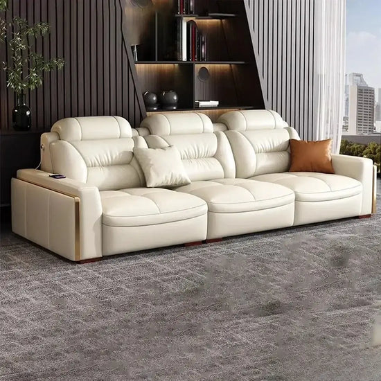 Italian leather sectional sofa with USB and Bluetooth in a modern living room setting.