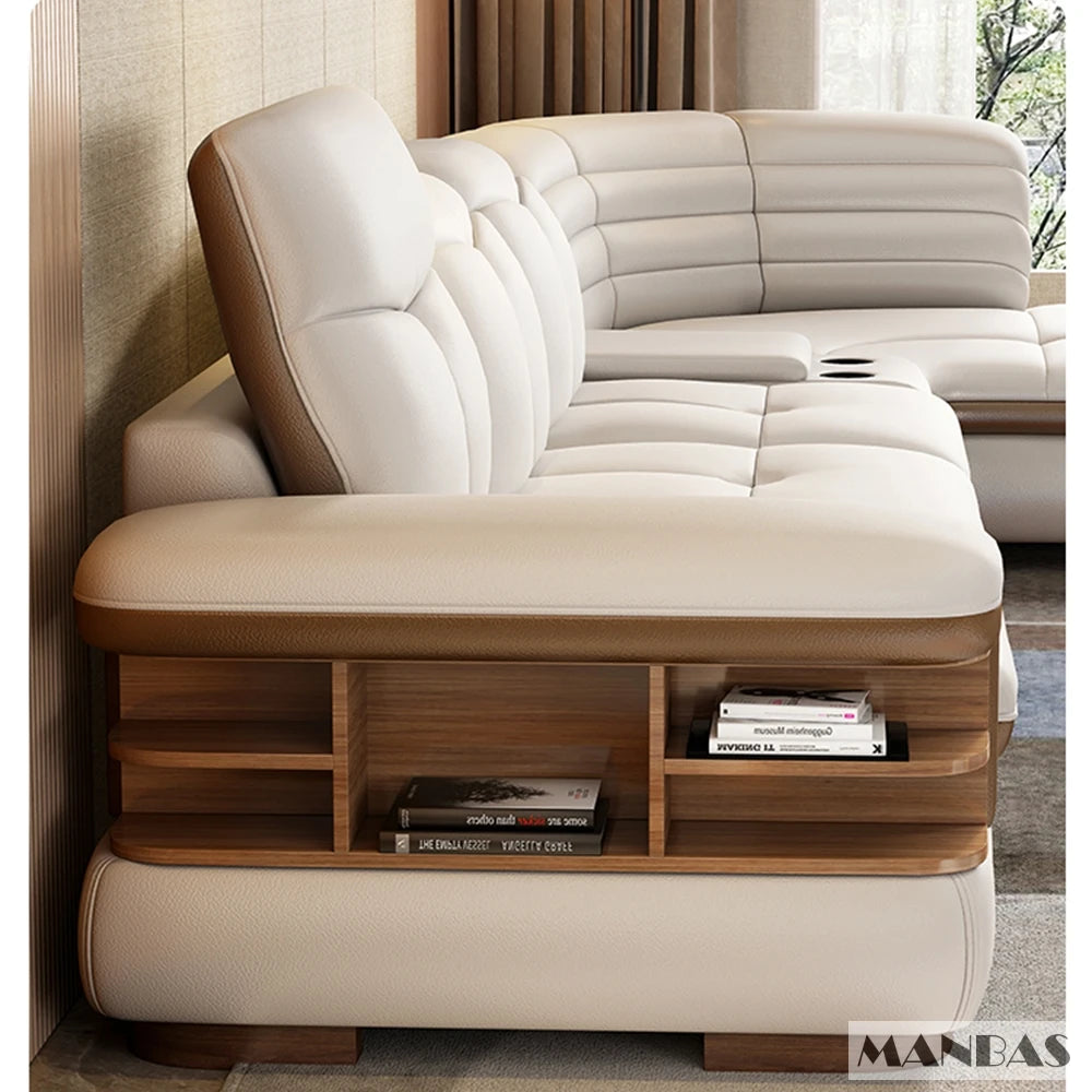 Luxury L-Shaped Genuine Leather Sectional Sofa Sets with USB, Bluetooth Speaker
