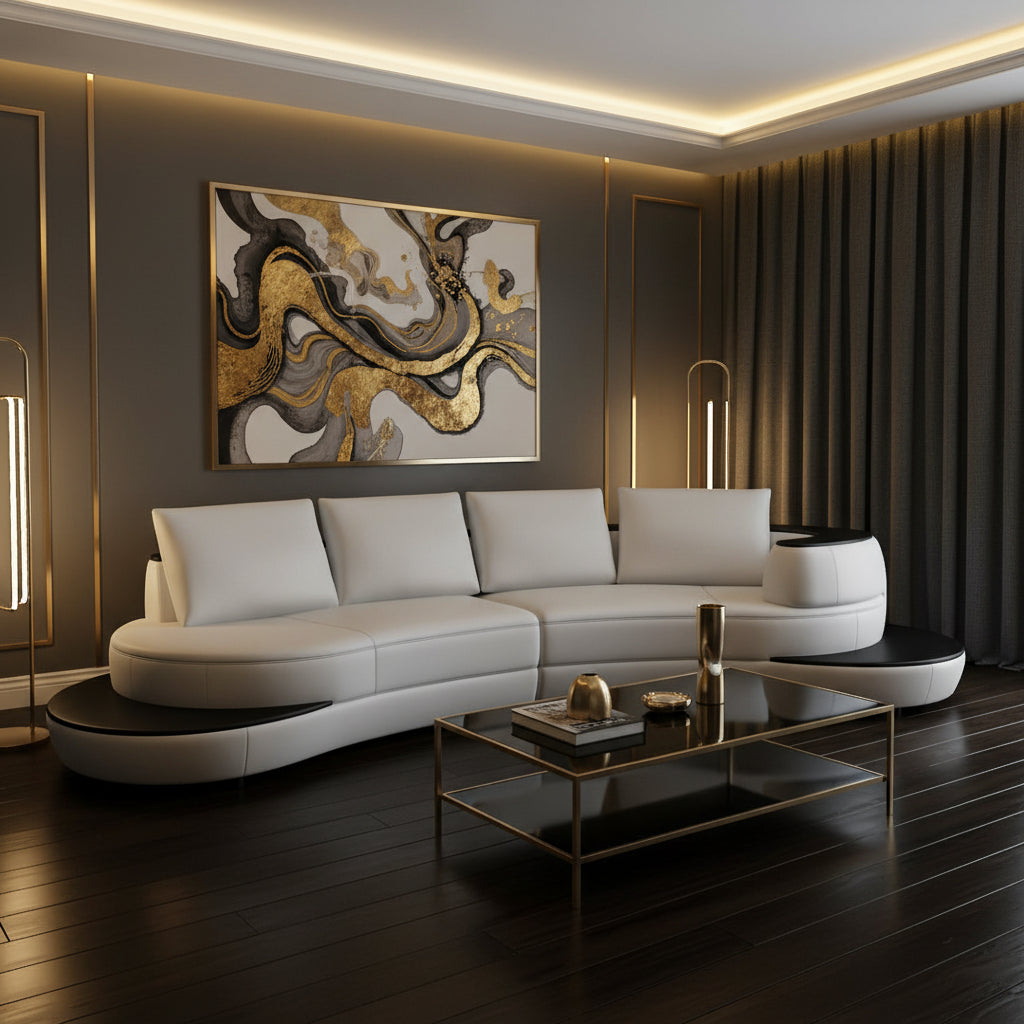 Modern white and black sofa in a luxurious living room with dark hardwood floors, coffee table, dark curtains and decorative art