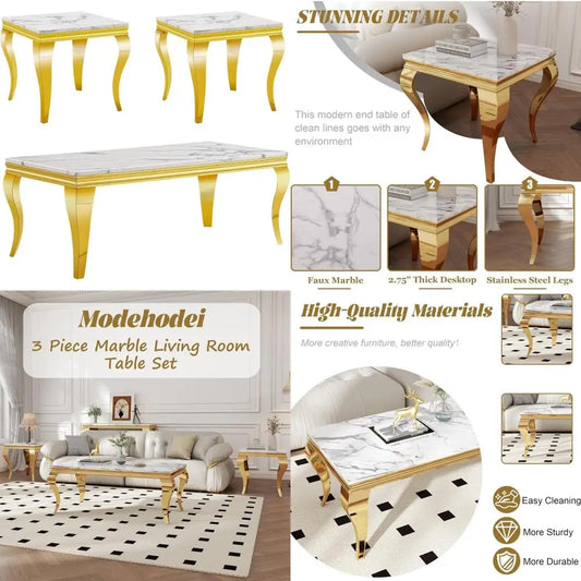 Advertisement for Modehodei 3 Piece Marble Living Room Table Set with gold and marble design.