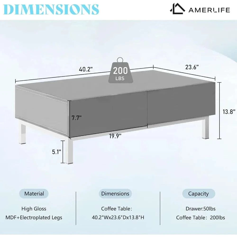 Measurement chart of a coffee table with dimensions and capacity details, branded with Amerlife.
