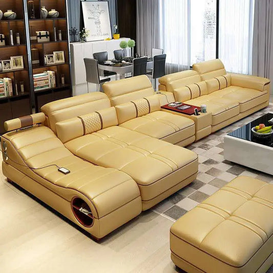 MINGDIBAO Modern Luxury Sectional Sofa Set with Chaise Lounge – Italian Genuine Leather with Speakers, USB Port & Storage